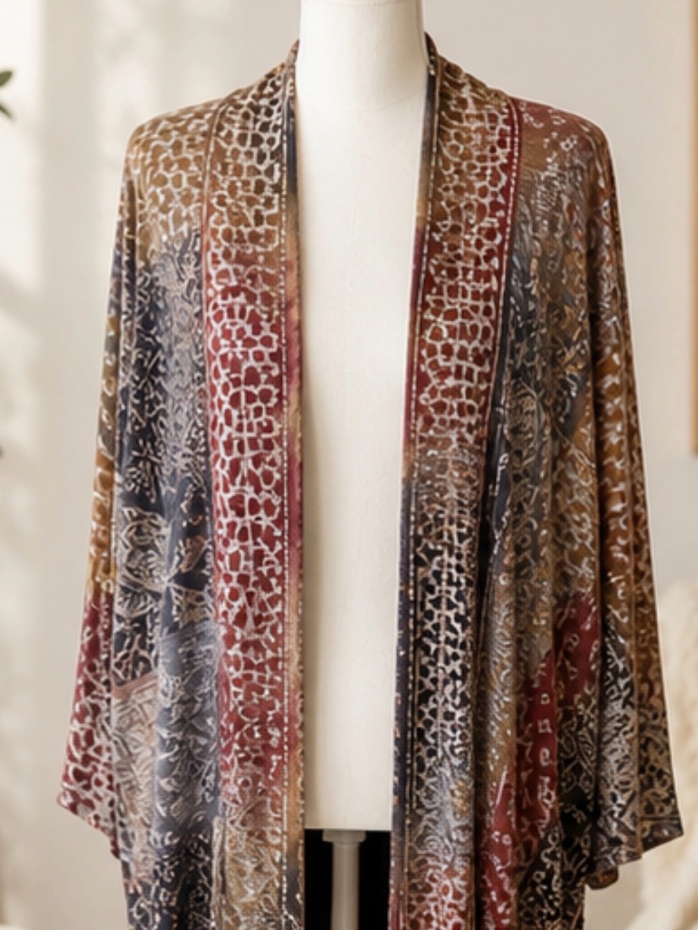 Boho Patchwork Kimono Cardigan Earth Tone Tribal Print Lightweight Layering Wrap